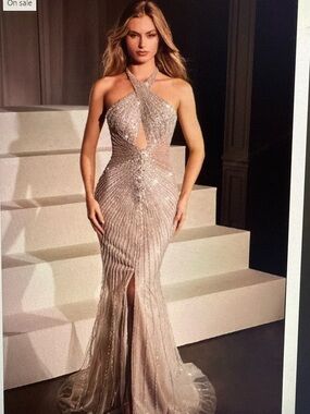 Ladivine Beaded Halter Evening Gown in Champagne
